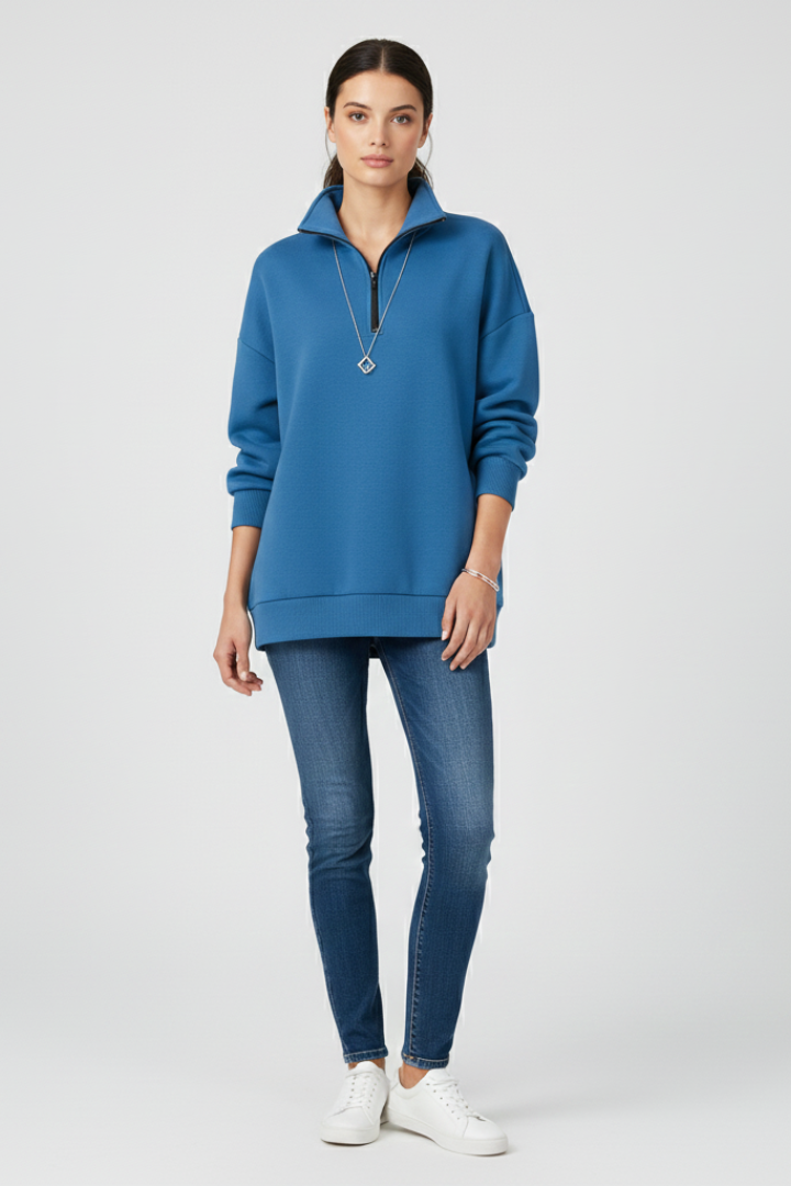 Women’s Knitted Sweater with Half Zip and Stand Collar