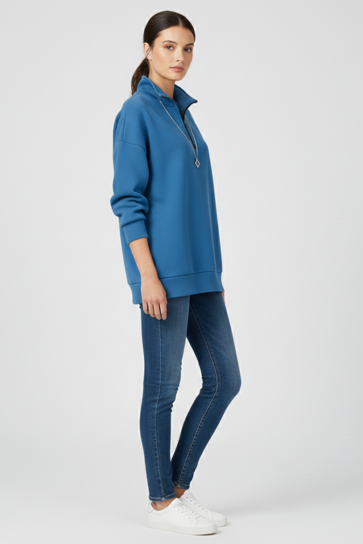 Women’s Knitted Sweater with Half Zip and Stand Collar