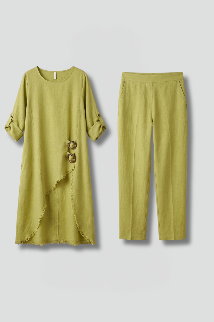 Women’s Linen Blend Set with Button Closure and Pockets