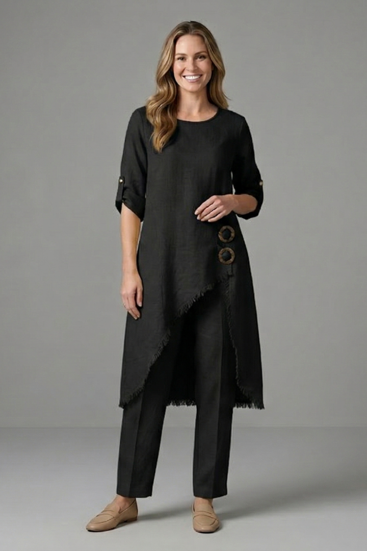 Women’s Linen Blend Set with Button Closure and Pockets