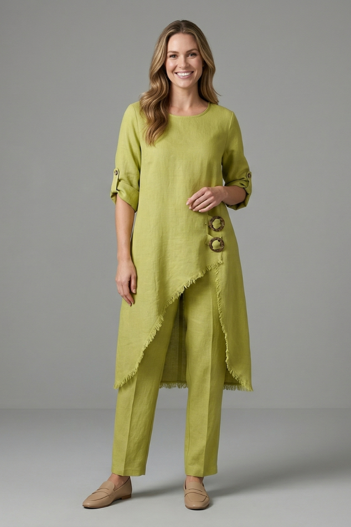 Women’s Linen Blend Set with Button Closure and Pockets