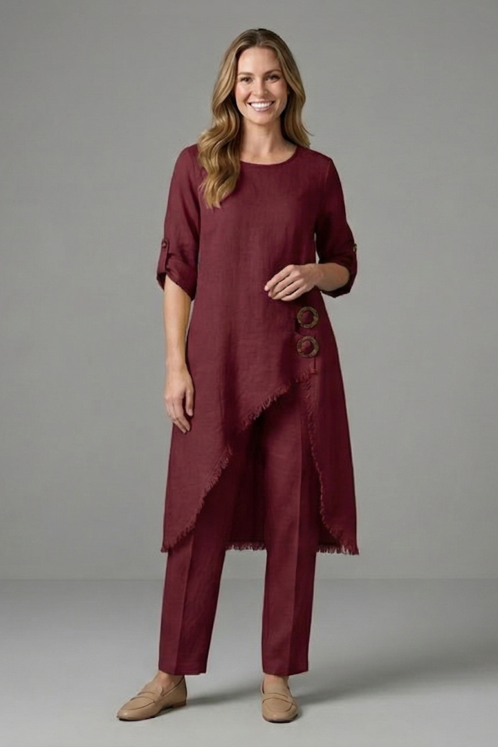 Women’s Linen Blend Set with Button Closure and Pockets