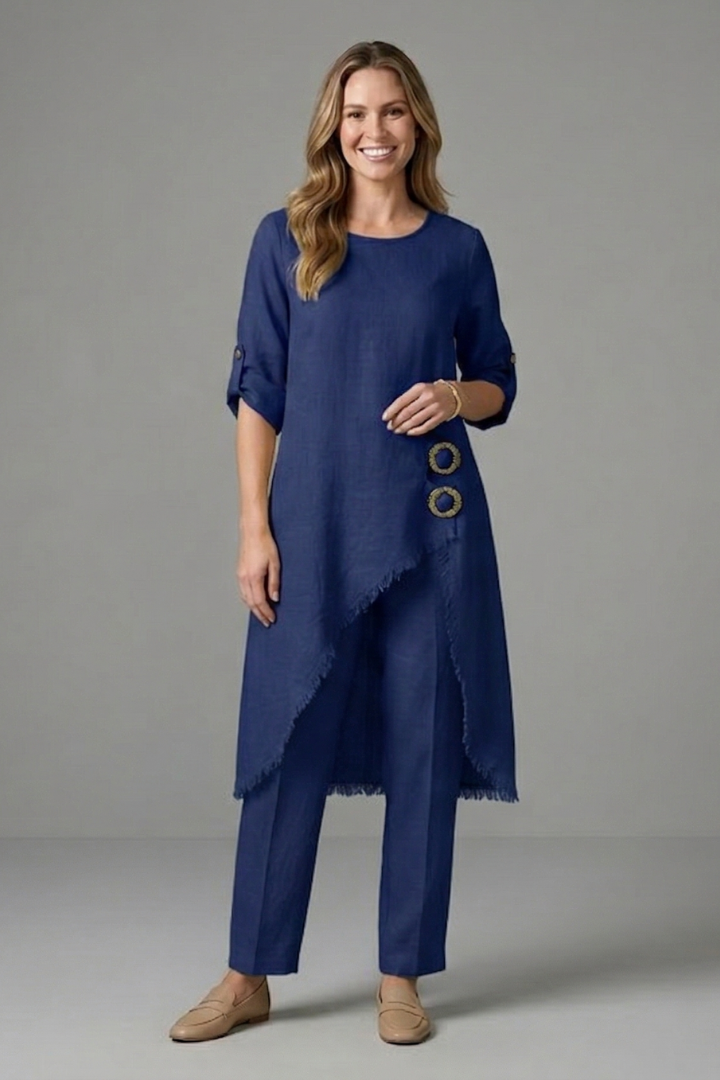 Women’s Linen Blend Set with Button Closure and Pockets