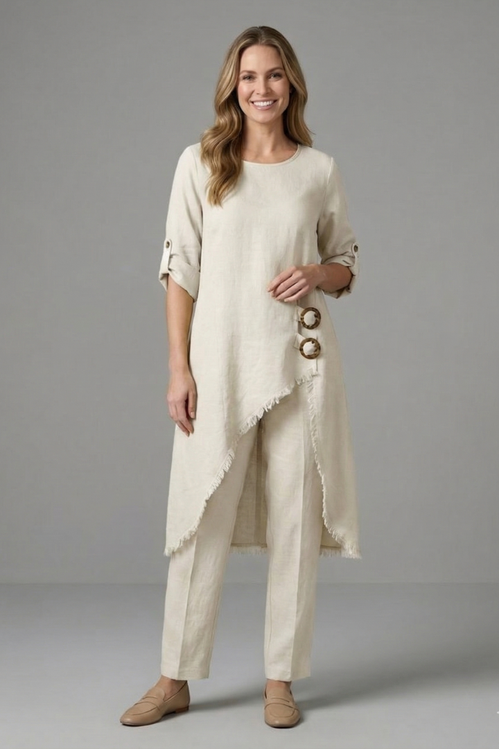 Women’s Linen Blend Set with Button Closure and Pockets