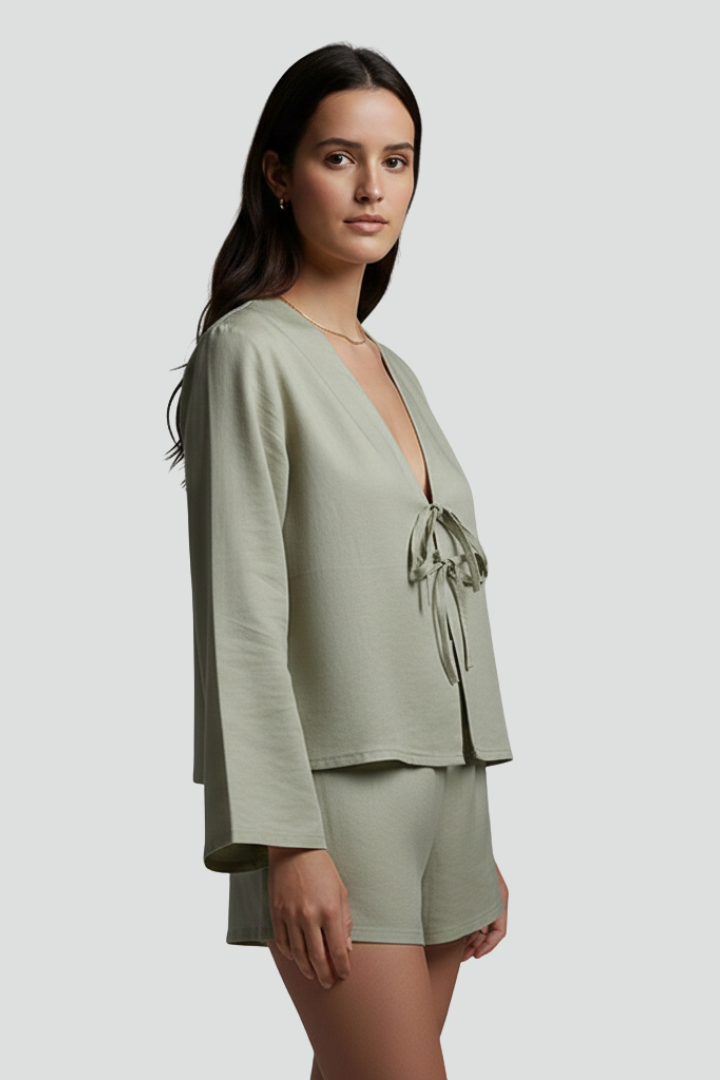 Women’s Long-Sleeve Blouse with V-Neck and Front Tie