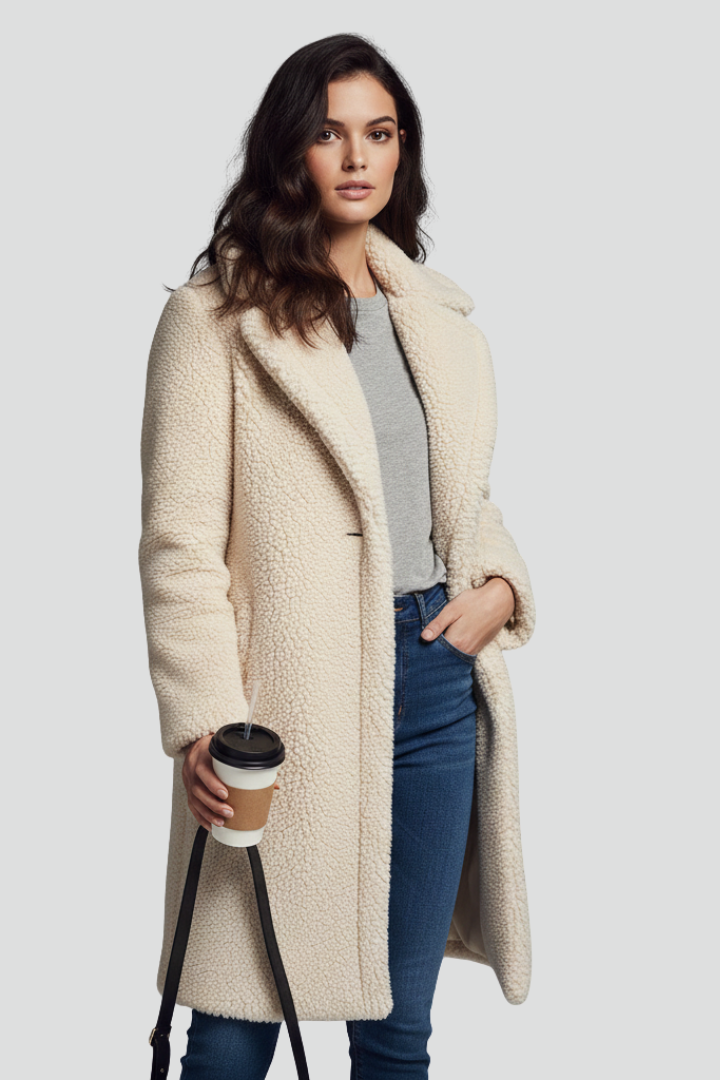 Women’s Long Coat with Lapel Collar and Textured Surface