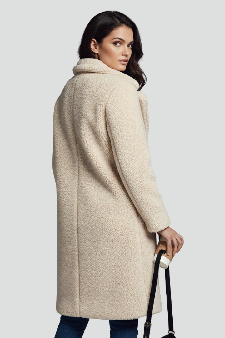 Women’s Long Coat with Lapel Collar and Textured Surface