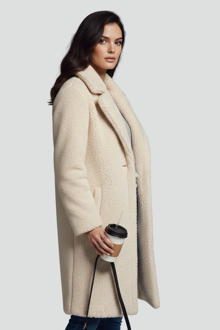 Women’s Long Coat with Lapel Collar and Textured Surface