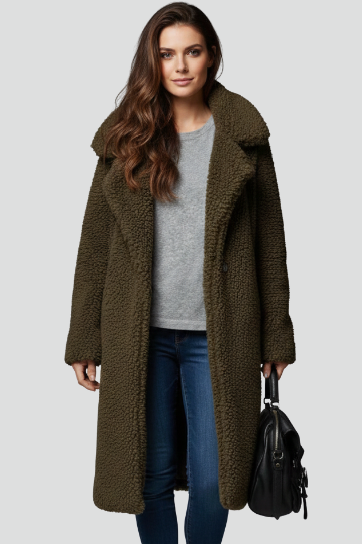 Women’s Long Coat with Lapel Collar and Textured Surface