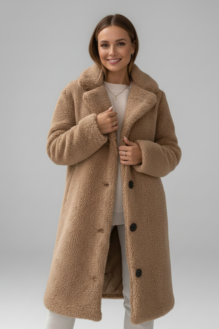 Women’s Long Coat with Wide Collar and Button Fastening