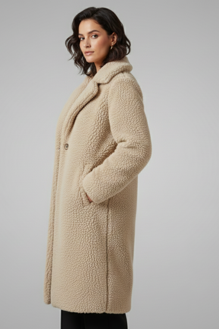 Women’s Long Coat with Wide Collar and Textured Fleece Finish