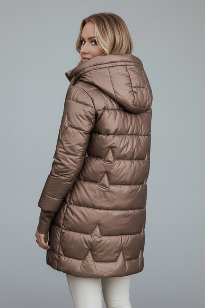 Women’s Long Puffer Jacket with Hood and Full Zip Closure
