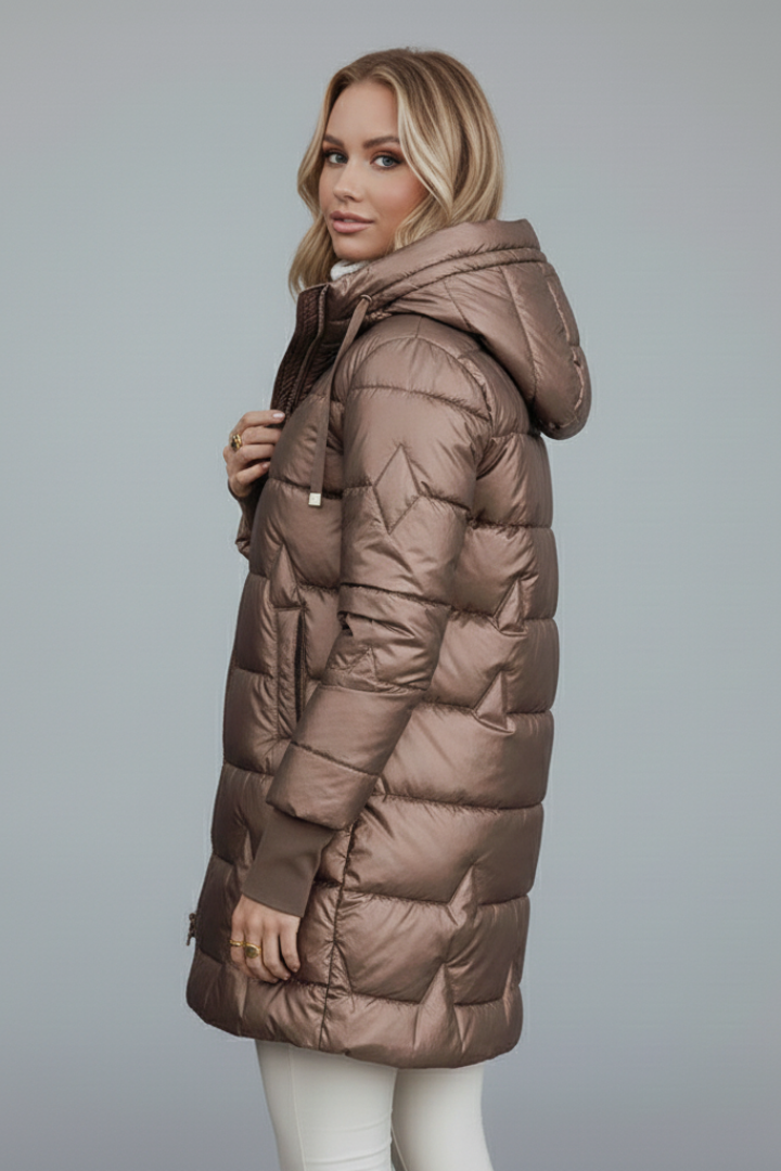 Women’s Long Puffer Jacket with Hood and Full Zip Closure