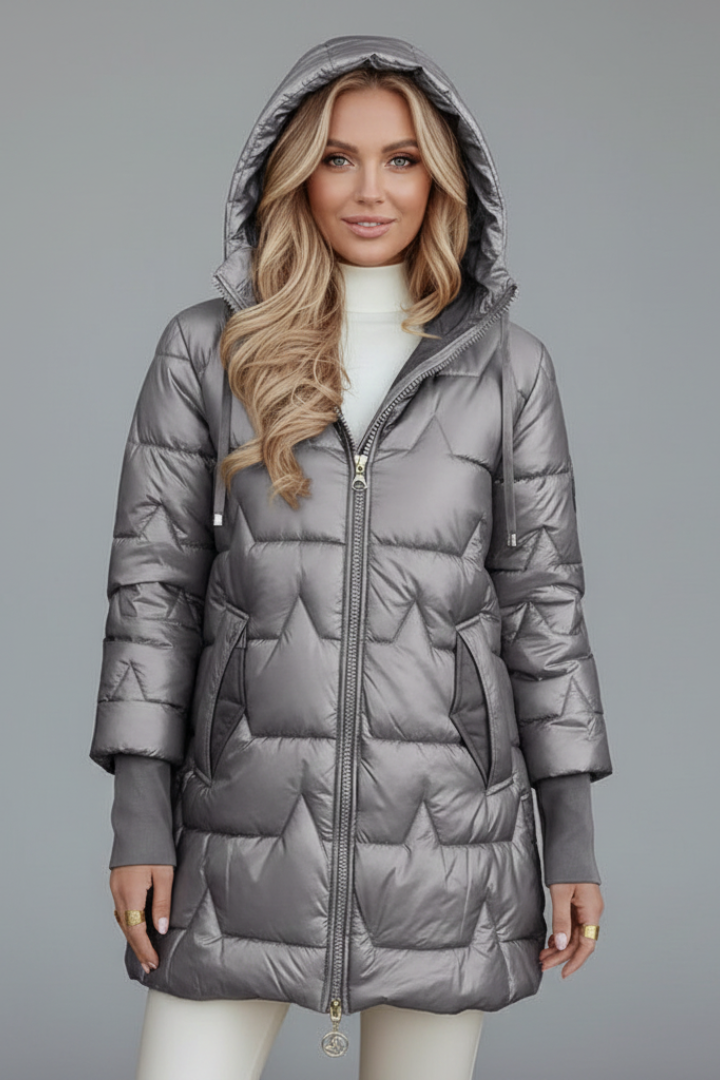 Women’s Long Puffer Jacket with Hood and Full Zip Closure