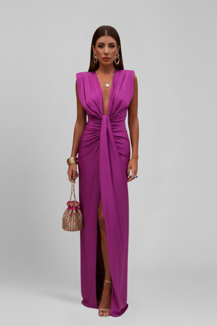 Women’s Maxi Dress with Pleated Front and Side Slit