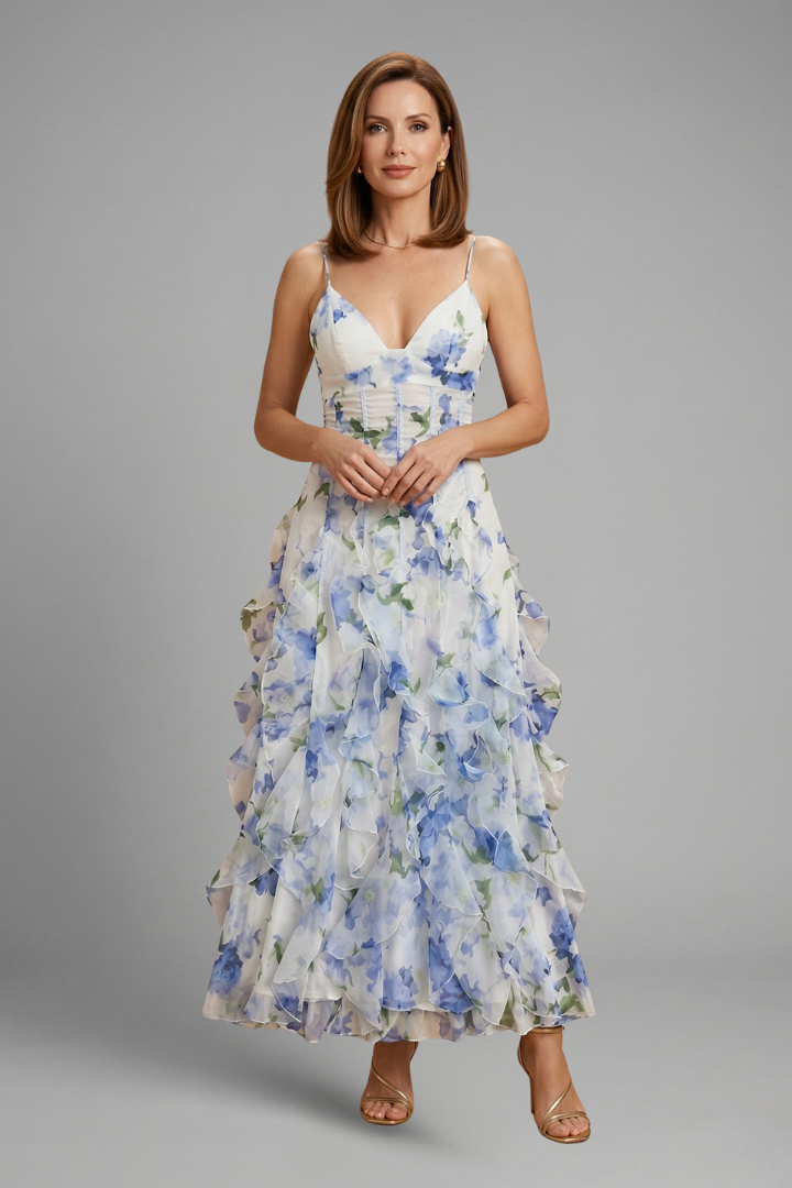 Women’s Maxi Dress with Ruffle Layers and Spaghetti Straps