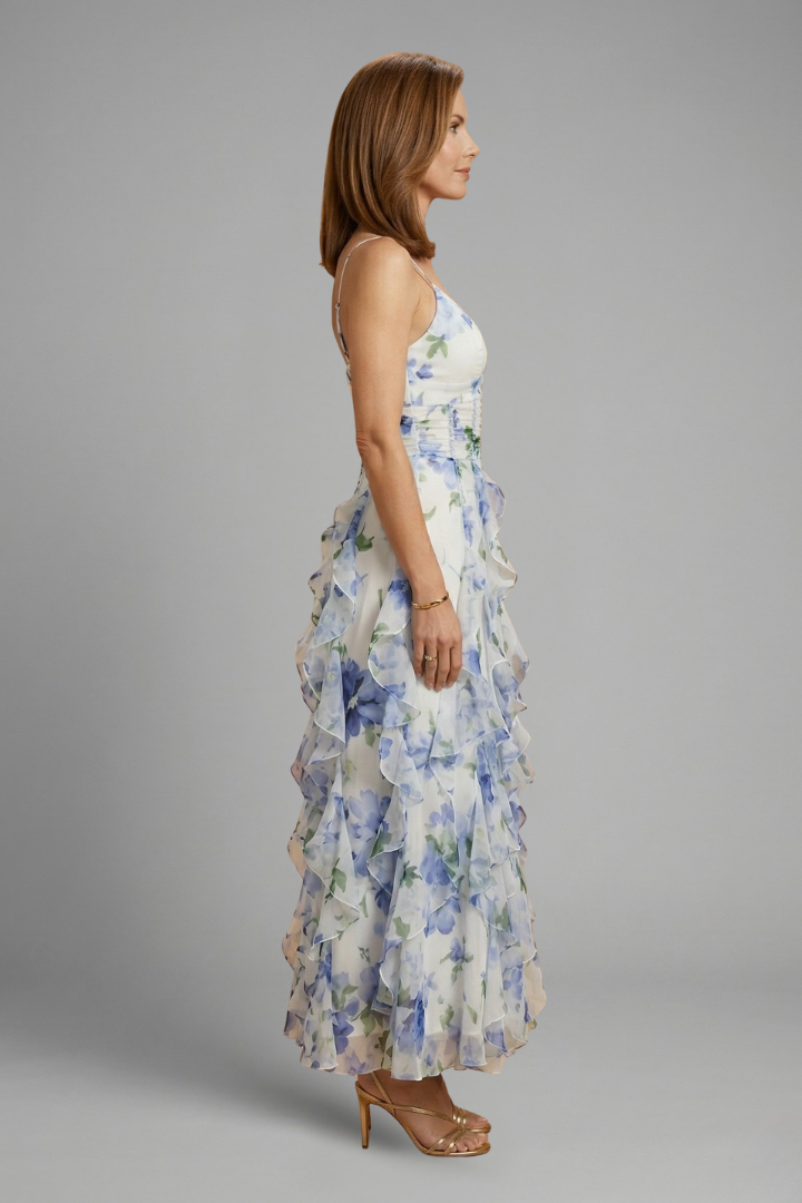 Women’s Maxi Dress with Ruffle Layers and Spaghetti Straps