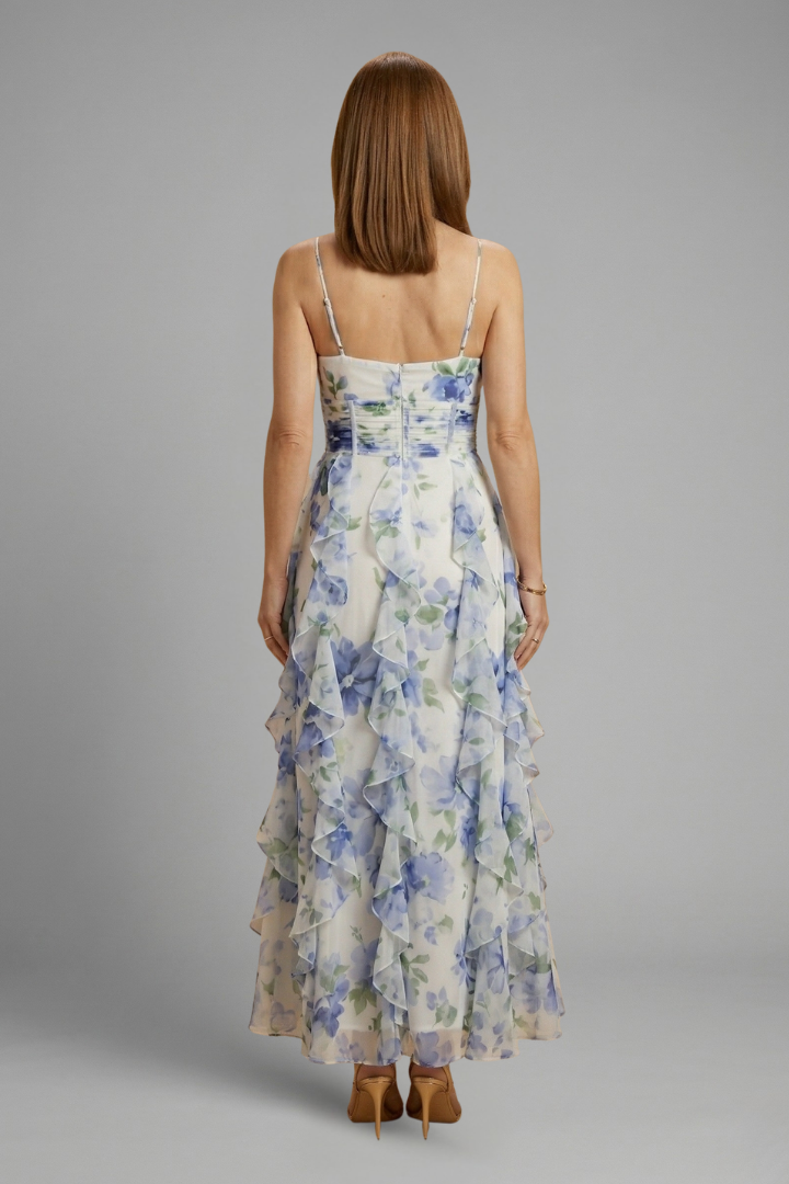 Women’s Maxi Dress with Ruffle Layers and Spaghetti Straps