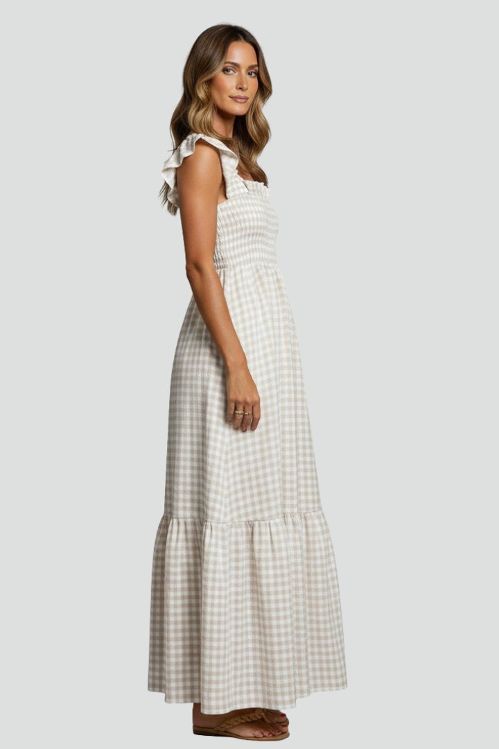 Women’s Maxi Dress with Textured Bodice and Ruffled Sleeves