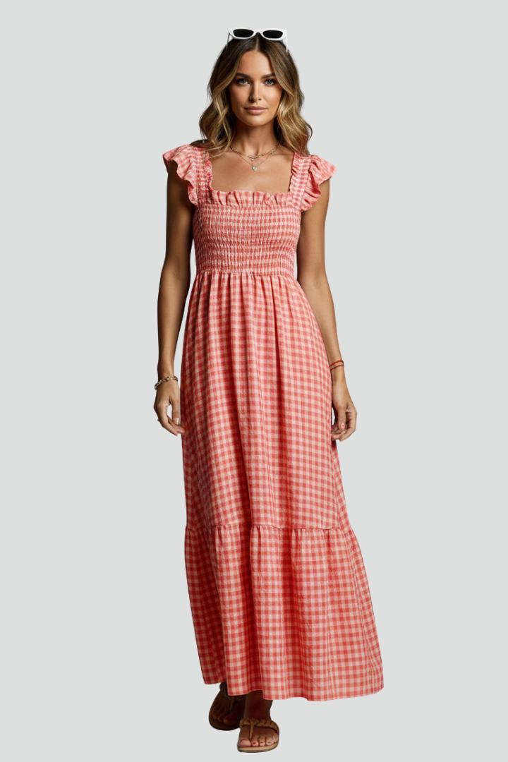Women’s Maxi Dress with Textured Bodice and Ruffled Sleeves