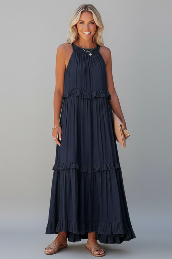 Women’s Maxi Dress with Tiered Ruffles and Sleeveless Design