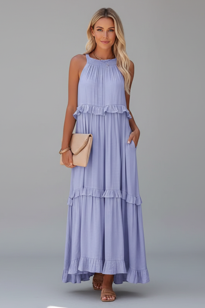 Women’s Maxi Dress with Tiered Ruffles and Sleeveless Design