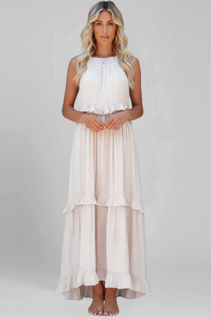 Women’s Maxi Dress with Tiered Ruffles and Sleeveless Design