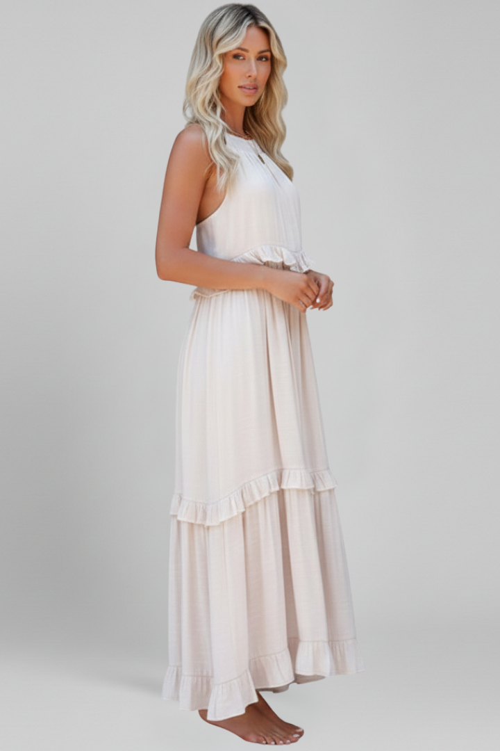 Women’s Maxi Dress with Tiered Ruffles and Sleeveless Design