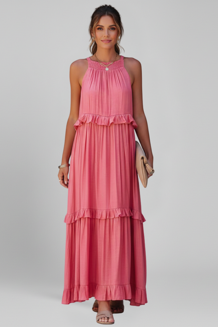 Women’s Maxi Dress with Tiered Ruffles and Sleeveless Design