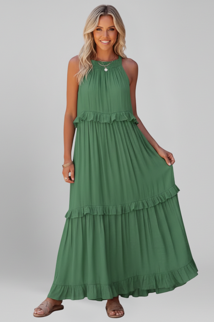Women’s Maxi Dress with Tiered Ruffles and Sleeveless Design