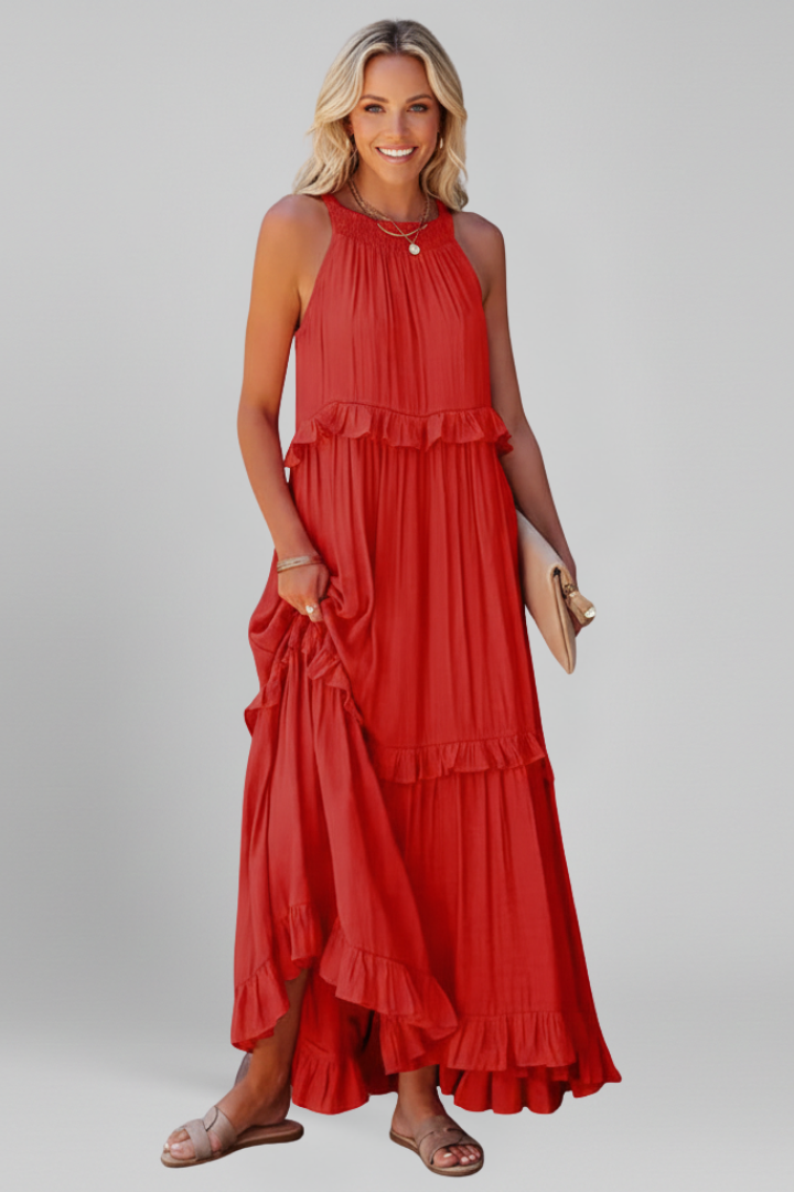 Women’s Maxi Dress with Tiered Ruffles and Sleeveless Design