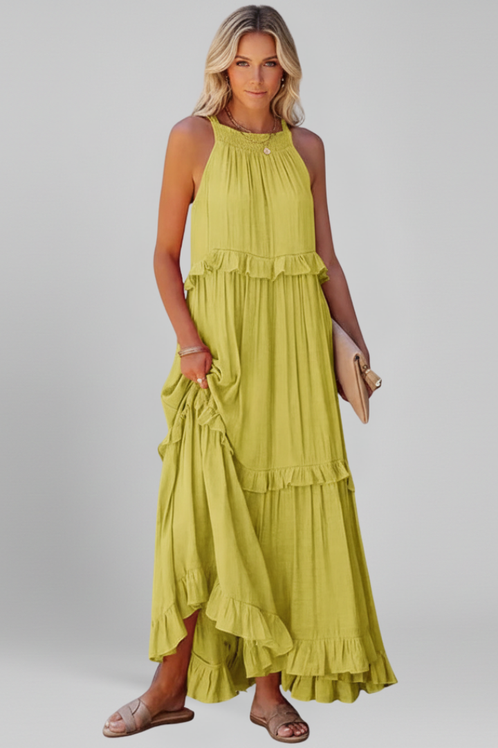 Women’s Maxi Dress with Tiered Ruffles and Sleeveless Design