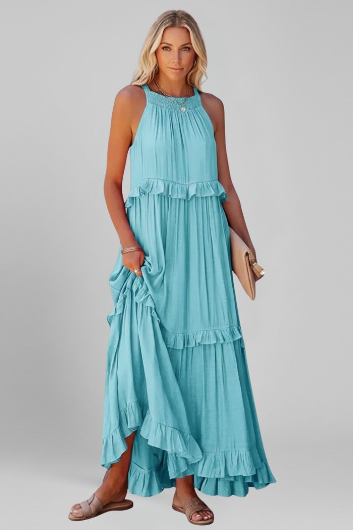 Women’s Maxi Dress with Tiered Ruffles and Sleeveless Design