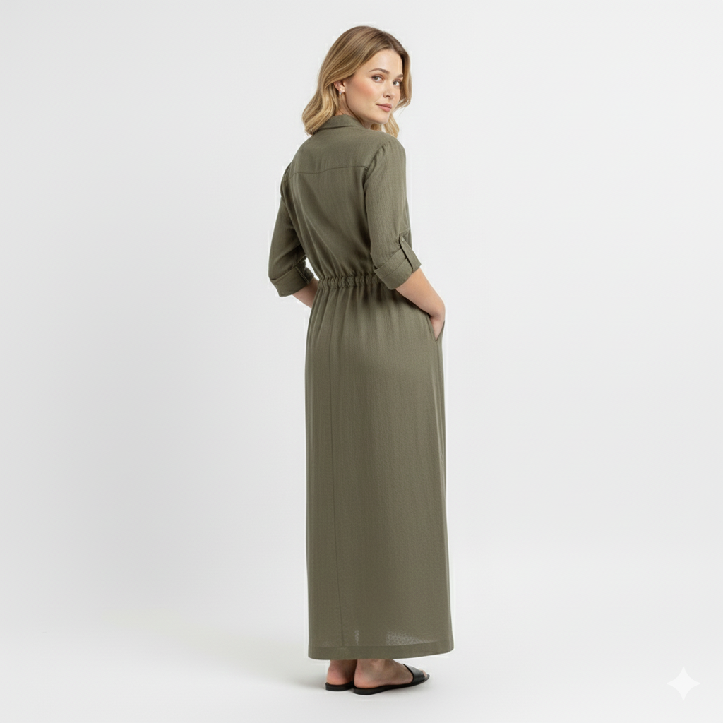 Women’s Maxi Shirt Dress with Long Sleeves and Drawstring Waist
