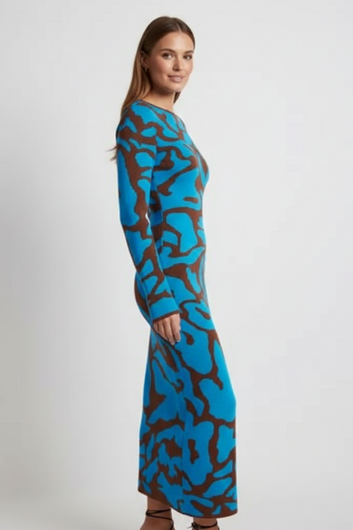 Women’s Midi Dress with Abstract Pattern and Long Sleeves