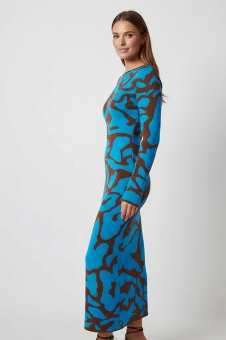 Women’s Midi Dress with Abstract Pattern and Long Sleeves