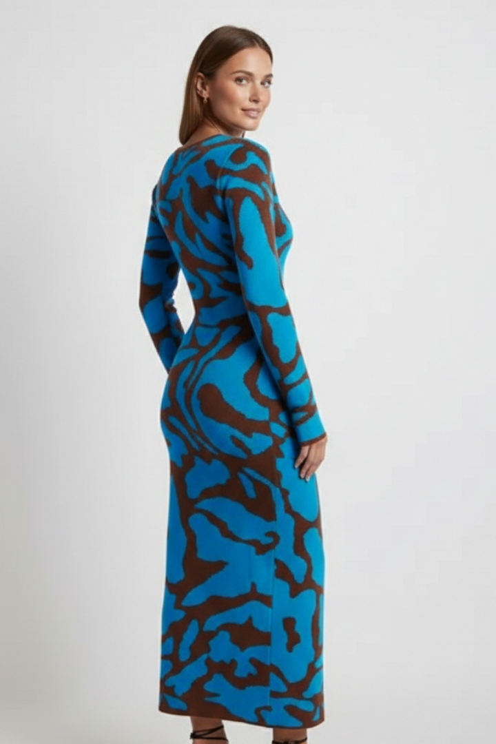 Women’s Midi Dress with Abstract Pattern and Long Sleeves