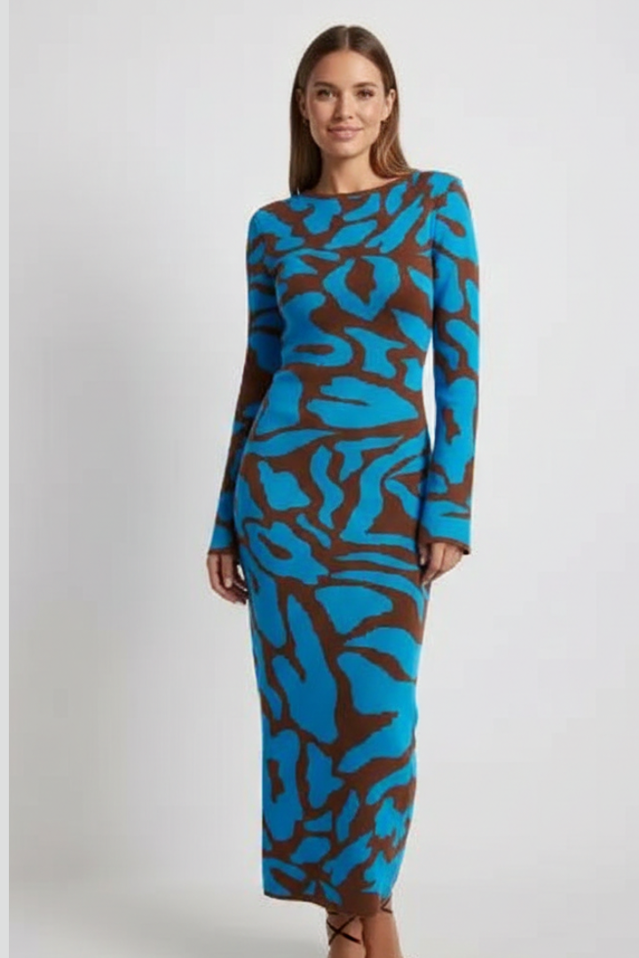 Women’s Midi Dress with Abstract Pattern and Long Sleeves