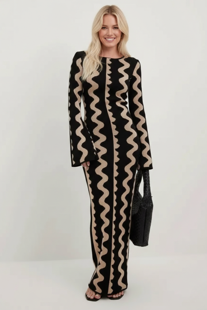 Women’s Midi Dress with Abstract Pattern and Long Sleeves