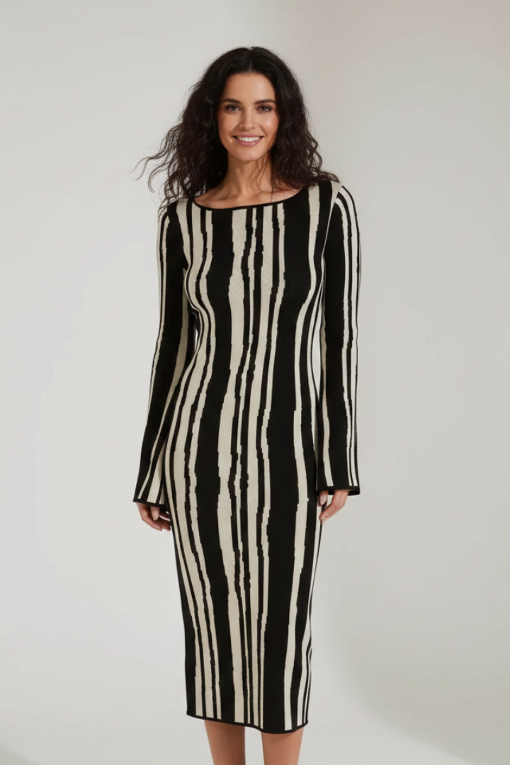 Women’s Midi Dress with Abstract Pattern and Long Sleeves