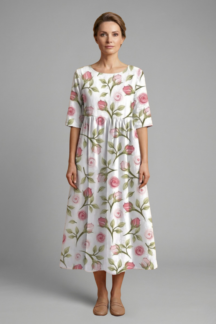 Women’s Midi Dress with Embroidered Detail and Relaxed Fit