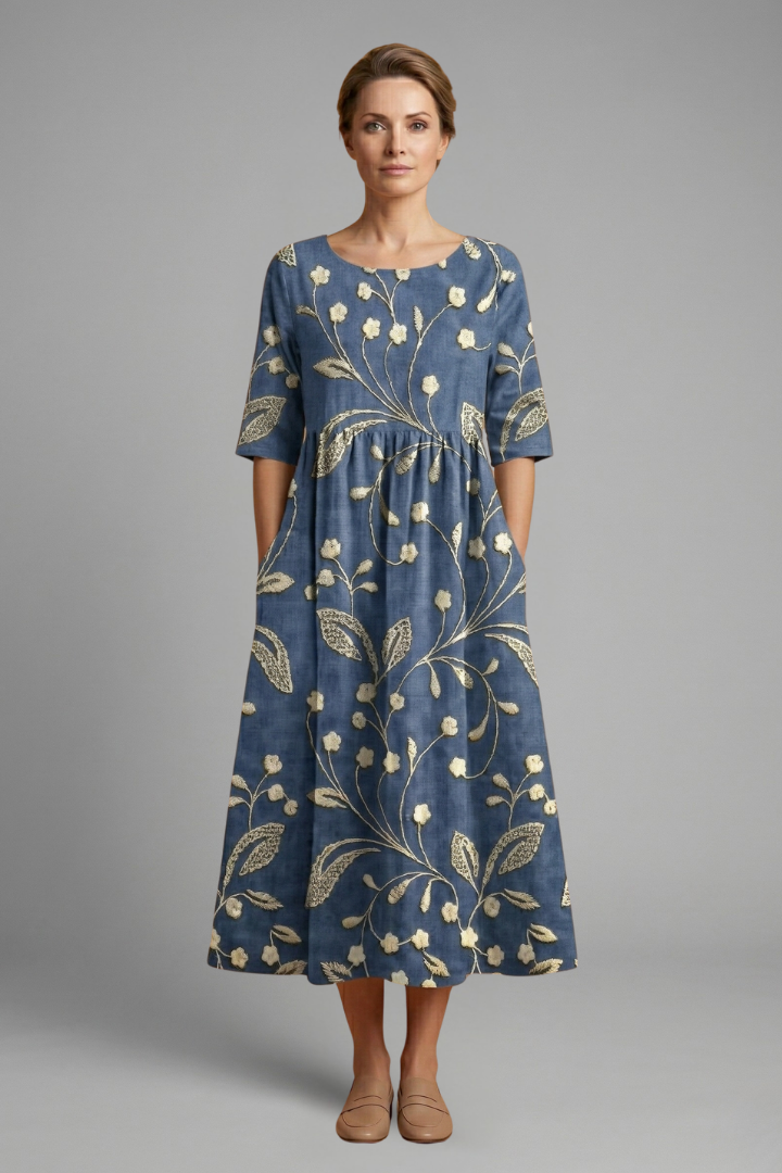 Women’s Midi Dress with Embroidered Detail and Relaxed Fit