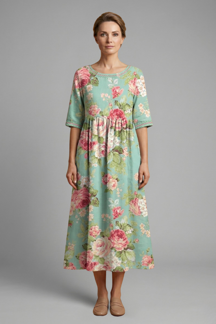 Women’s Midi Dress with Embroidered Detail and Relaxed Fit