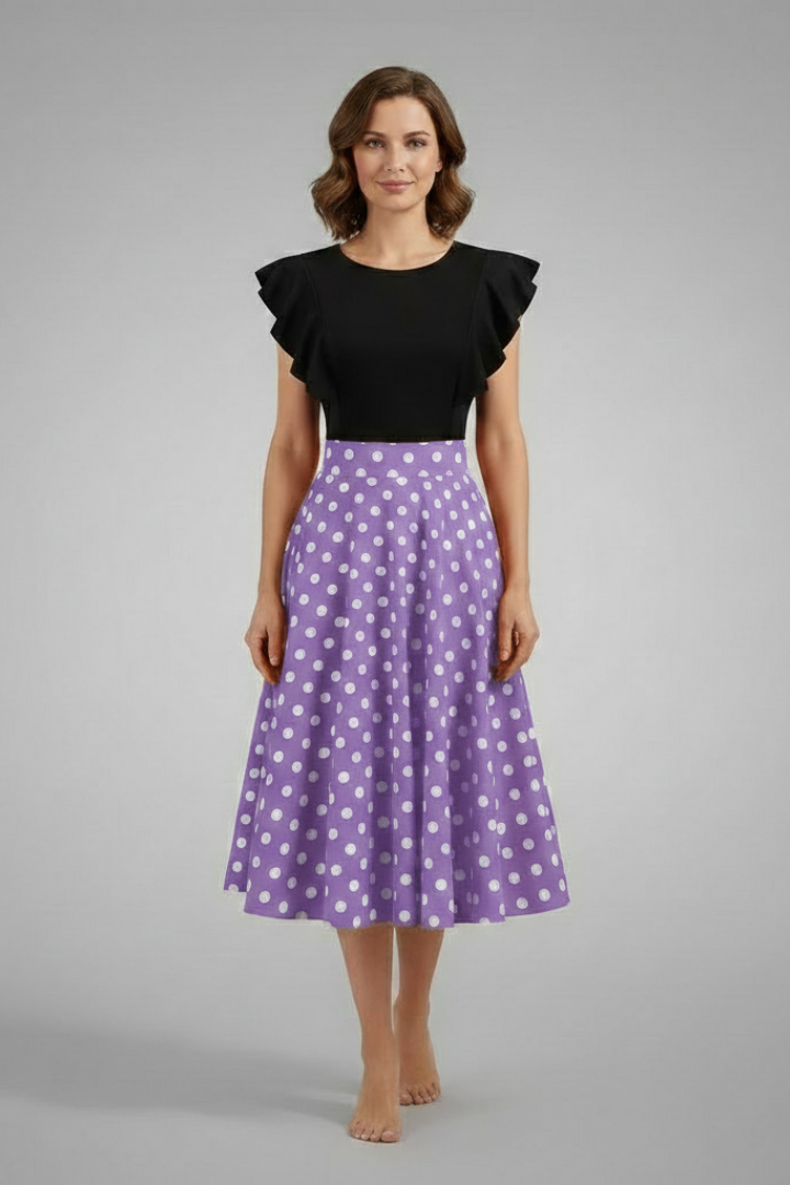 Women’s Midi Dress with Flutter Sleeves and Polka Dot Skirt