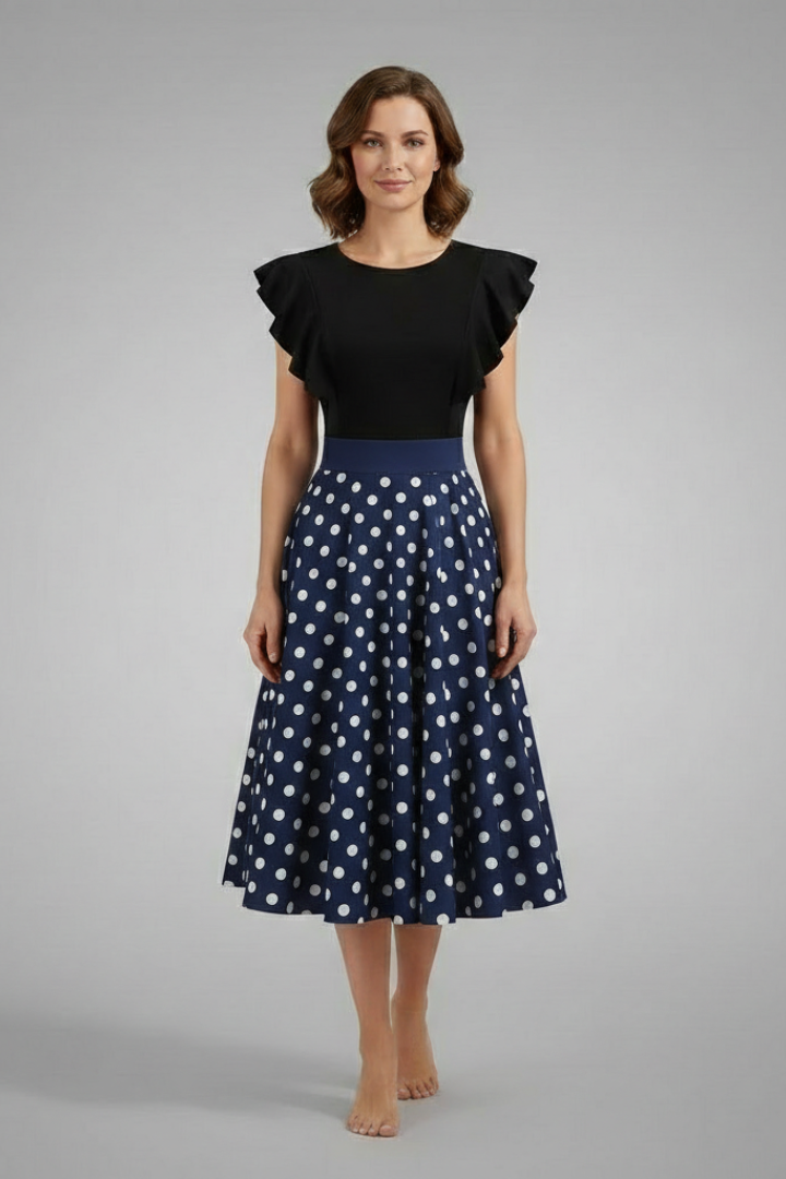 Women’s Midi Dress with Flutter Sleeves and Polka Dot Skirt