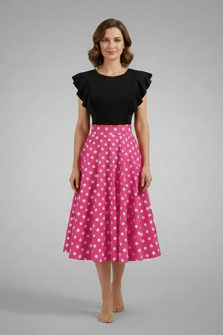 Women’s Midi Dress with Flutter Sleeves and Polka Dot Skirt