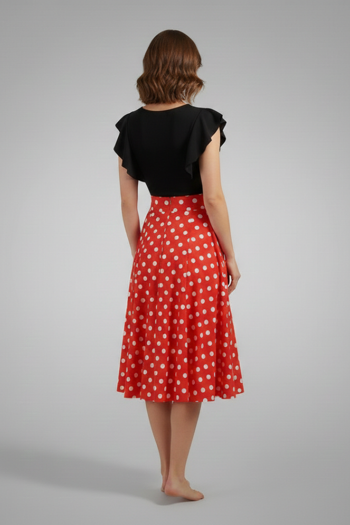 Women’s Midi Dress with Flutter Sleeves and Polka Dot Skirt