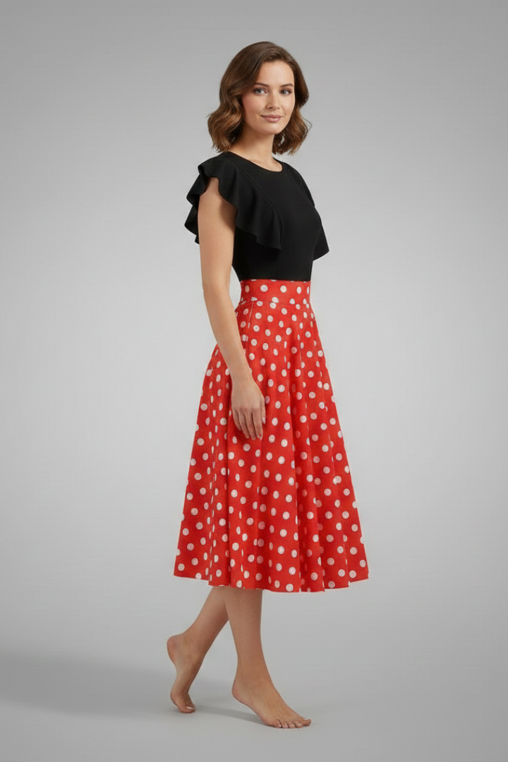Women’s Midi Dress with Flutter Sleeves and Polka Dot Skirt