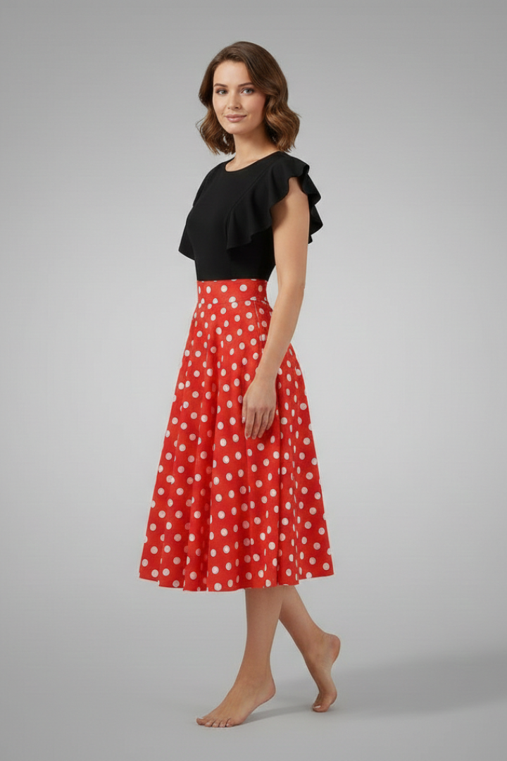 Women’s Midi Dress with Flutter Sleeves and Polka Dot Skirt