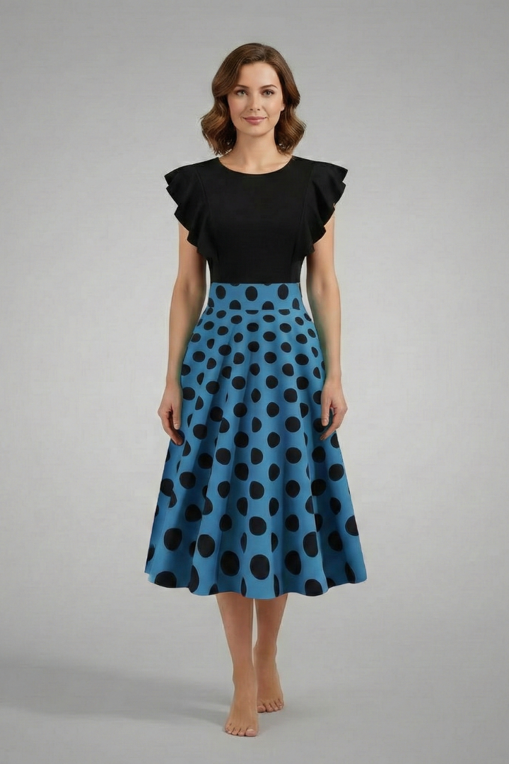 Women’s Midi Dress with Flutter Sleeves and Polka Dot Skirt